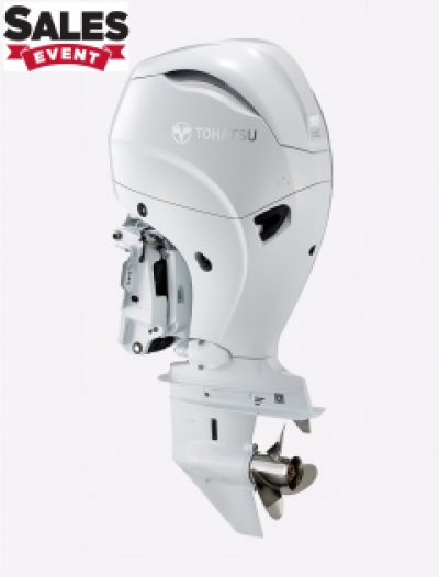 SALE!! 115HP TOHATSU Long Shaft EFi Power Tilt Remote Control 4-Stroke 2.0L Outboard Motor in BELUGA WHITE with 2-4-1 Performance Tuned Exhaust image