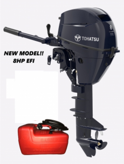 8HP Tohatsu Long Shaft EFi Manual Start Tiller Control 4-Stroke Outboard Motor with 12L Fuel Tank & Line image