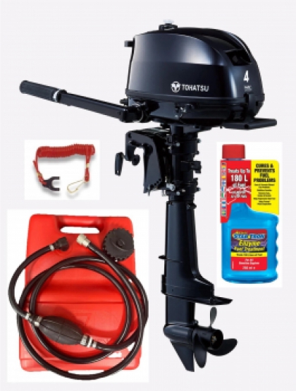 4HP Tohatsu Short Shaft 4-Stroke Outboard Motor with Internal Fuel Tank Latest Model! Store 3 Ways! + 12 Litre Fuel Tank & Line image