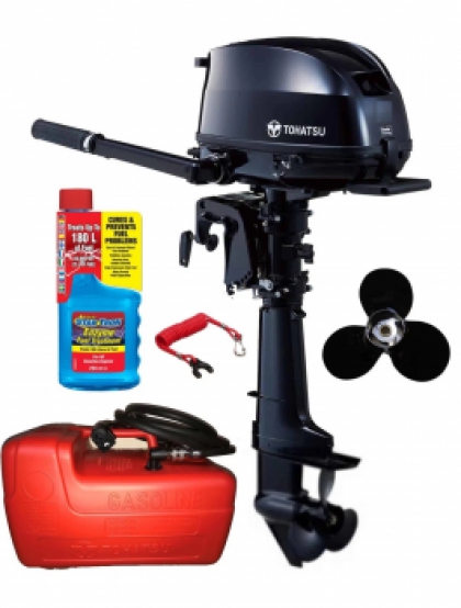 6HP Tohatsu Short Shaft 4-Stroke Outboard Motor with Sail Drive Propeller, 12 Litre External Fuel Tank Latest Model! Store 3 Ways! image