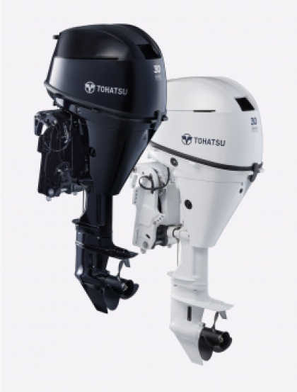 NEW LIGHTWEIGHT MODEL in WHITE!!! 30HP Tohatsu Long Shaft EFi Power Tilt Remote Control 4-Stroke Outboard Motor with 25L Tank & Line image